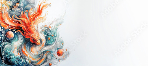 Orange koi fish swimming through cosmic waters and planets