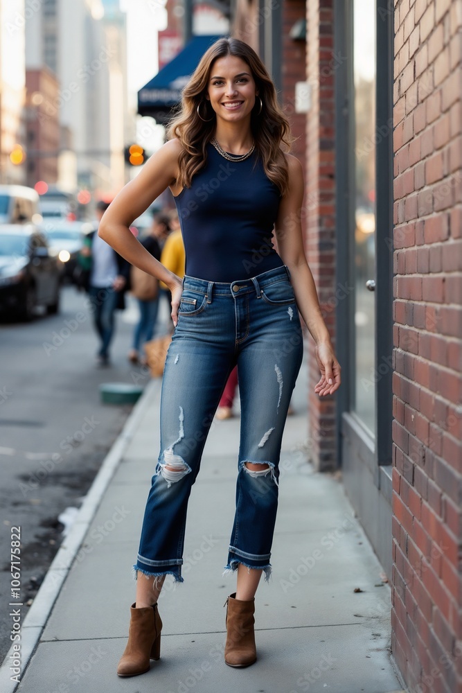 Young Woman in Stylish Outfit Posing on Urban Street Young Woman in Stylish Outfit Posing on Urban Street