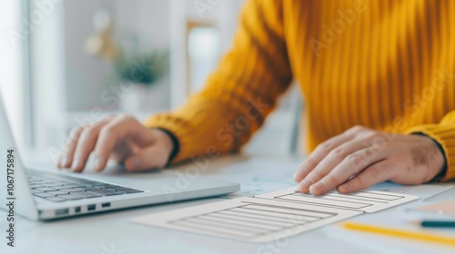 Web Designer Working on Wireframes Using a Laptop in a Bright Workspace