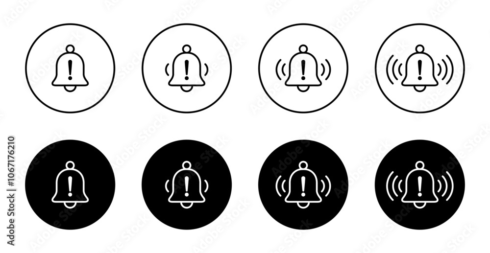 Bell line with exclamation mark icon on black circle. Warning notification outline sign symbol Bell line with exclamation mark icon on black circle. Warning notification outline sign symbol