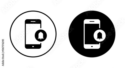 Notification bell with mobile phone icon on black circle.  Cellphone notice sign symbol