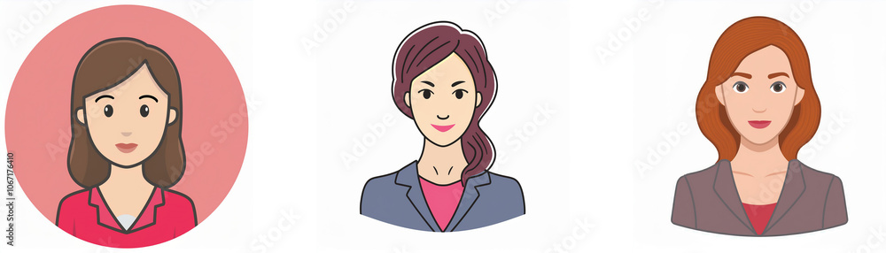 Three cartoon women with different hair colors wearing blazers. Three cartoon women with different hair colors wearing blazers.
