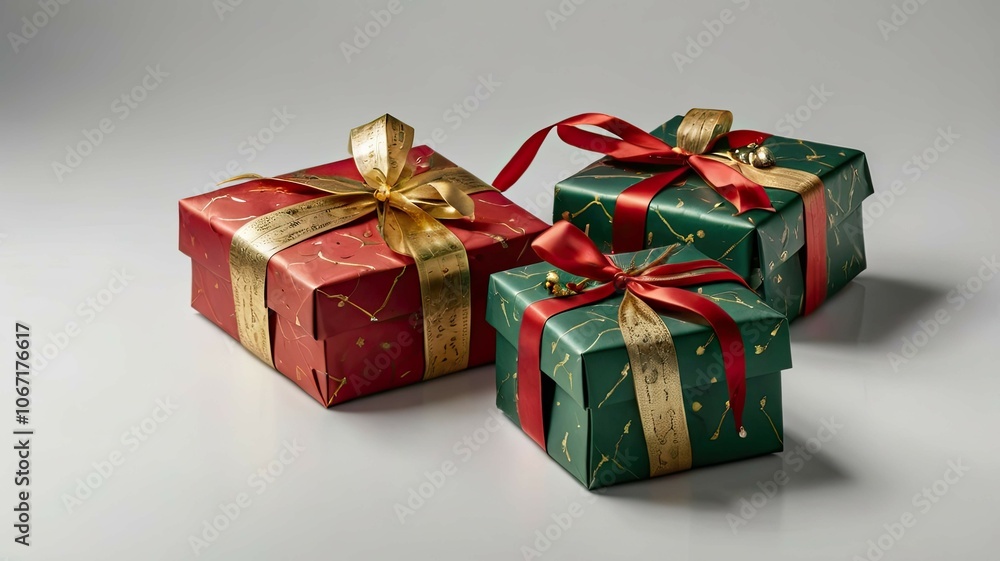 Fototapeta premium Bright gift boxes with shiny ribbons and bows against a festive backdrop of holiday decorations. Colorful packages create an atmosphere of celebration and joyful anticipation of wonders.