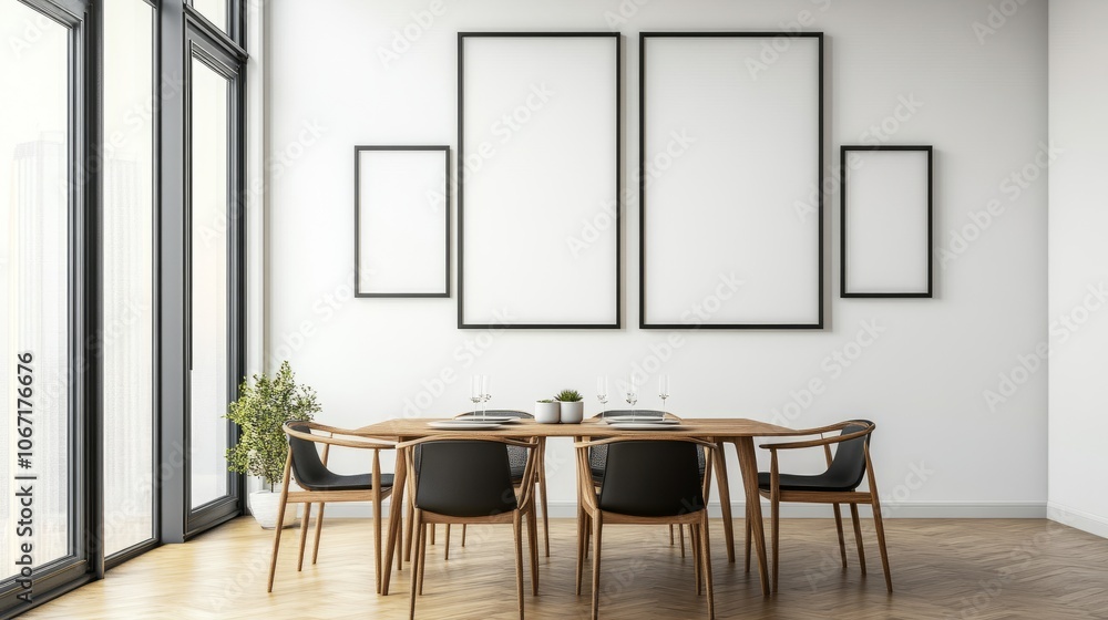 Inviting entrance to a dining room with a dining table, chairs, and an empty white wall behind, perfect for a personalized gallery wall Inviting entrance to a dining room with a dining table, chairs, and an empty white wall behind, perfect for a personalized gallery wall