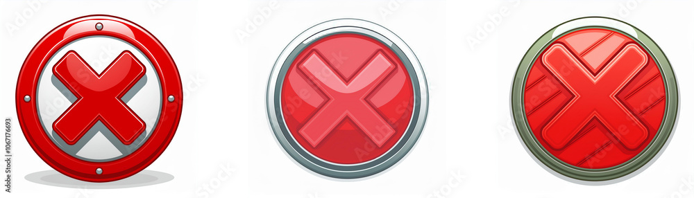 Three circular buttons with a red X in the center. Each button has a different design around the red X. Three circular buttons with a red X in the center. Each button has a different design around the red X.