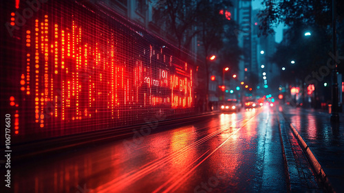 Rainy City Street Illuminated by Digital Displays and Car Lights at Night. Generative AI