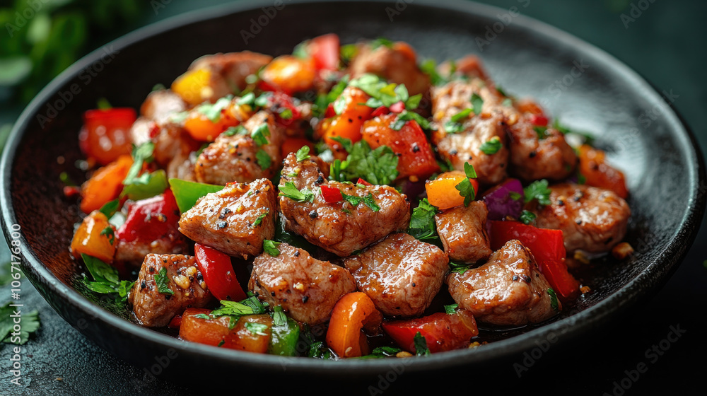 Stir-fried pork with vegetables, served on a plate, vibrant colors and rich aroma Stir-fried pork with vegetables, served on a plate, vibrant colors and rich aroma