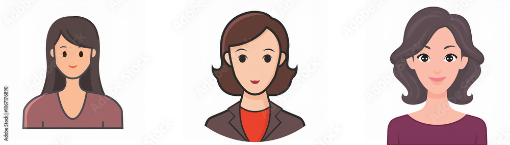 Three cartoon women with different hairstyles and outfits. Three cartoon women with different hairstyles and outfits.