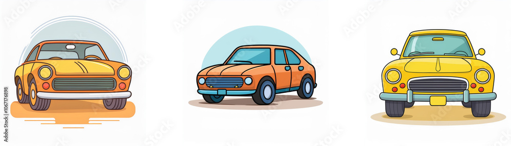 Three cartoon cars of various colors are illustrated against a white background. Three cartoon cars of various colors are illustrated against a white background.