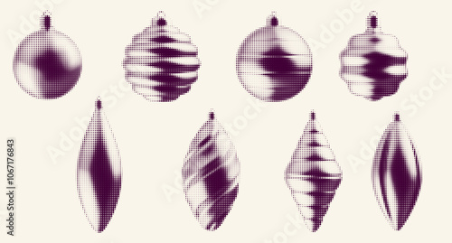 Silhouette christmas holiday toys in monochrome halftone or stippling style. Set retro graphic elements with photocopy grunge effects. Vector illustration.
