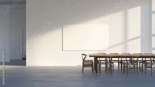 Wallpaper Mural Modern dining room entrance with a sleek table setup, minimal chairs, and an empty white wall, creating an open, customizable space. Torontodigital.ca