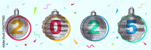 2025 new year banner with holiday toys in pop art retro style. Festive modern college. Vector illustration.