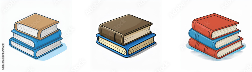 Three stacks of books with different colored covers. Three stacks of books with different colored covers.