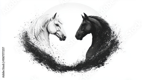 A minimalist black and white illustration of a white horse and a black horse facing each other, symbolizing duality and harmony. photo