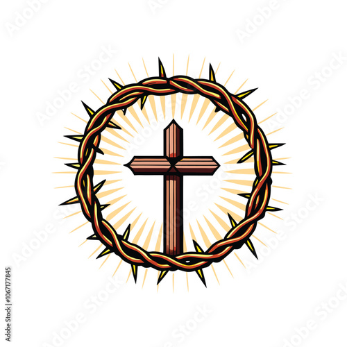 A glowing cross encircled by a crown of thorns, rendered in a dramatic and stylized manner.