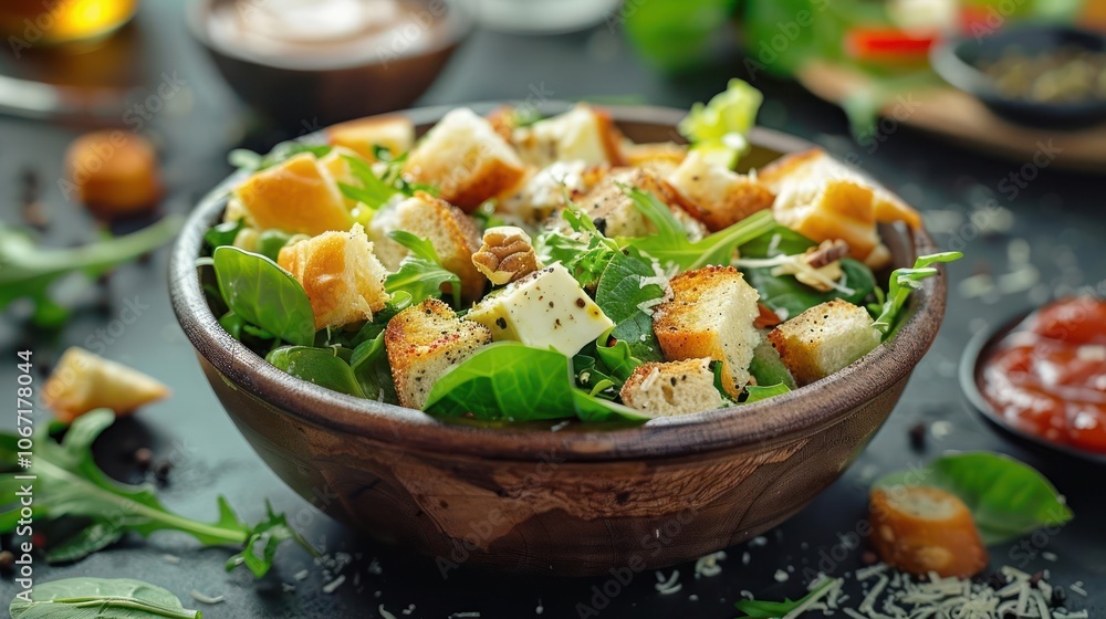 A bowl of freshly prepared salad featuring bread crumbs and a topping, ready for serving. A bowl of freshly prepared salad featuring bread crumbs and a topping, ready for serving.
