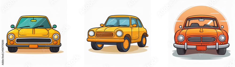Three cartoon cars are shown. The left and middle cars are yellow and the right car is orange. The right car is against a sunrise background. Three cartoon cars are shown. The left and middle cars are yellow and the right car is orange. The right car is against a sunrise background.