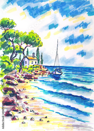 Sketch of a seascape with a house and a boat, sketch, life drawing, illustration with a Mediterranean landscape.