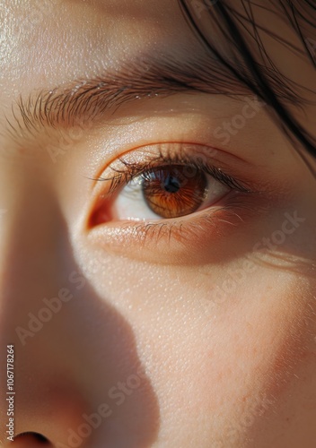 Close-Up of Beautiful Woman's Eyes and Eyelashes with Visible Skin Texture in Natural Light photo