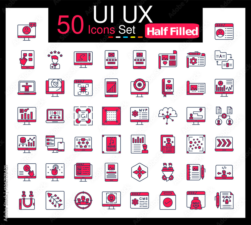 Set of 50 UI and UX icons related to User Experience, User Interface, Interaction Design, Customer Experience Line Icon collection Set of 50 UI and UX icons related to User Experience, User Interface, Interaction Design, Customer Experience Line Icon collection