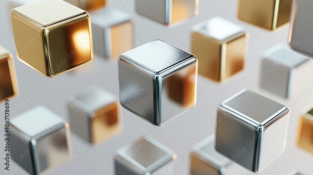 A series of 3D cubes arranged in a geometric pattern, each with a different metallic finish, floating on a light gray background. . A series of 3D cubes arranged in a geometric pattern, each with a different metallic finish, floating on a light gray background. .