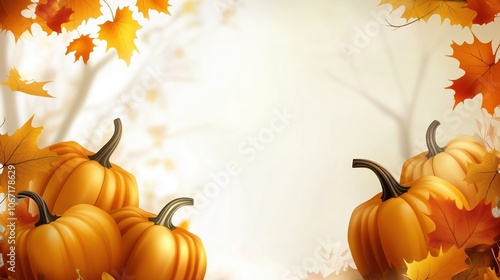 Autumn vector illustration with pumpkins and autumn leaves on a white background, featuring vibrant colors and high-quality details. The composition includes ample white space at the top, perfect for  photo