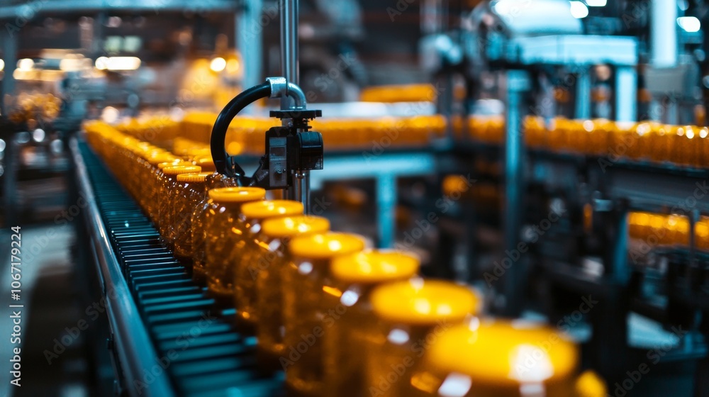 Factory assembly line with orange jars on conveyor in industrial setting Factory assembly line with orange jars on conveyor in industrial setting