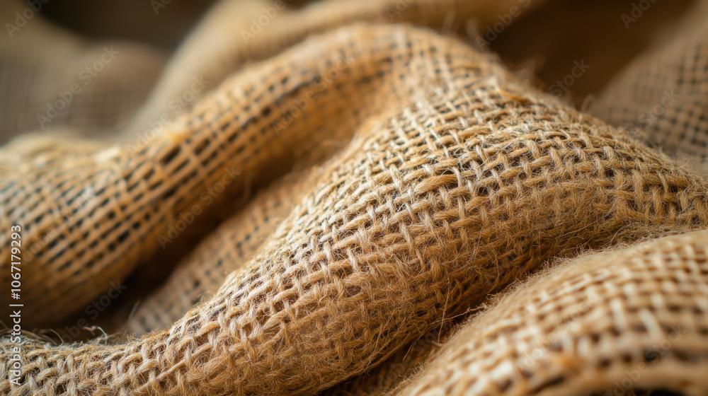 A close-up view of textured burlap fabric, showcasing its natural fibers and gentle waves. A close-up view of textured burlap fabric, showcasing its natural fibers and gentle waves.