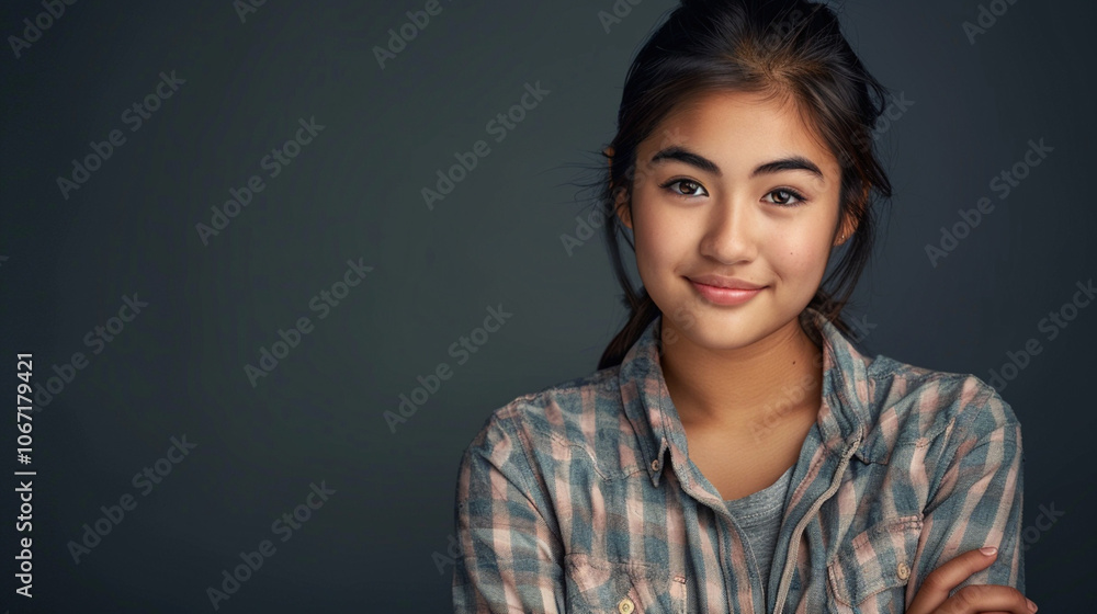 Asian young brunette woman with long brown hair and brown sweather with arms crossed looking into camera on black studio background. Copy paste empty place for text Asian young brunette woman with long brown hair and brown sweather with arms crossed looking into camera on black studio background. Copy paste empty place for text