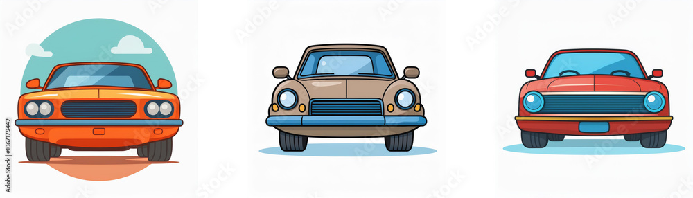 Three classic cars, an orange, a brown, and a red, are shown from the front, with each in its own individual frame. Three classic cars, an orange, a brown, and a red, are shown from the front, with each in its own individual frame.