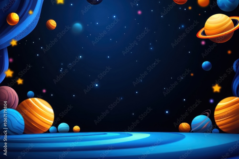 Naklejka premium A vibrant space scene featuring colorful planets and stars against a dark cosmic background, perfect for imaginative projects.