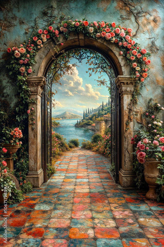 Fototapeta premium Portail fleuri ouvert sur la mer