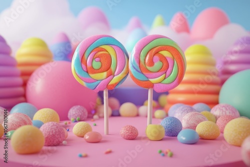 3D rendering of a colorful candy land background with rainbow lollipops and candies on a pink pastel backdrop