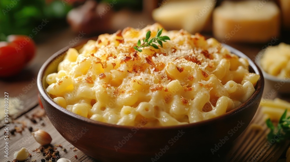 A close-up of a delicious macaroni and cheese dish, likely ready to be served. A close-up of a delicious macaroni and cheese dish, likely ready to be served.