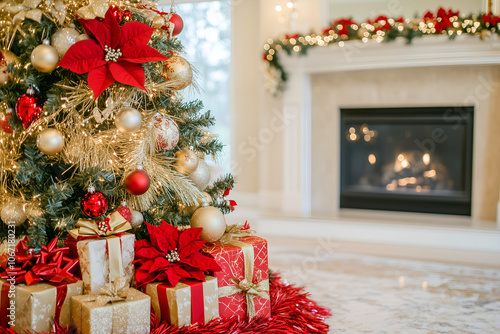 Weihnachtsbaum mit Geschenken vor Kamin – festliche Dekoration in einem gemütlichen Wohnzimmer, erstellt mit generativer KI photo