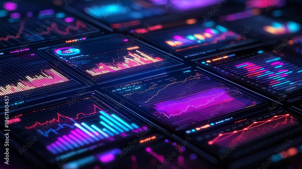 Futuristic Digital Screens with Holographic Charts Futuristic Digital Screens with Holographic Charts