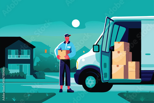 A delivery driver smiles proudly as he stands beside his van, overflowing with neatly stacked packages, ready to deliver happiness to customers.