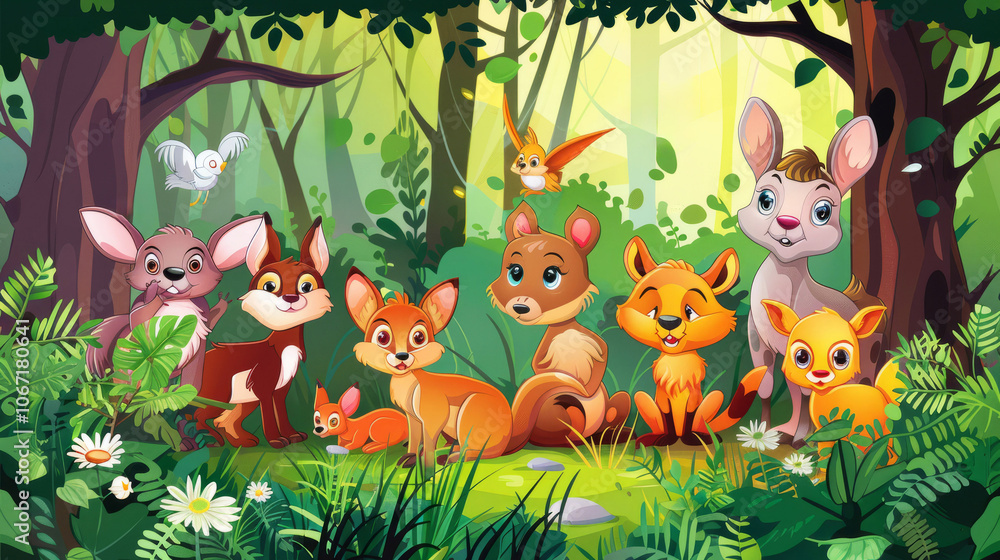 Fototapeta premium Friendly cartoon animals in a vibrant forest glade, full of life and color