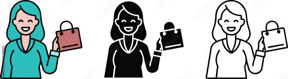 Smiling Woman Holding Shopping Bag Icon Set Smiling Woman Holding Shopping Bag Icon Set