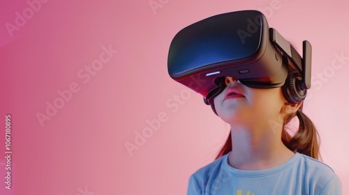 Child experiencing virtual reality with VR headset against pink background