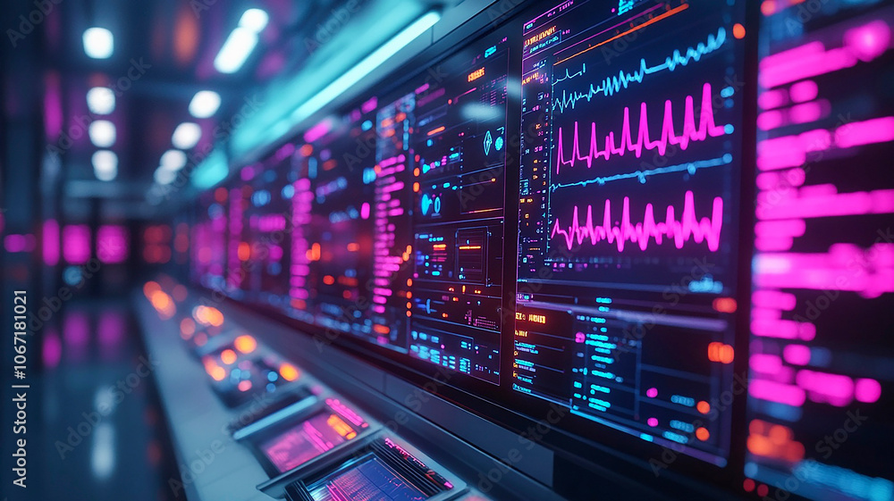 Advanced Digital Interface With Vibrant Data Visualization in a Tech Environment. Generative AI Advanced Digital Interface With Vibrant Data Visualization in a Tech Environment. Generative AI