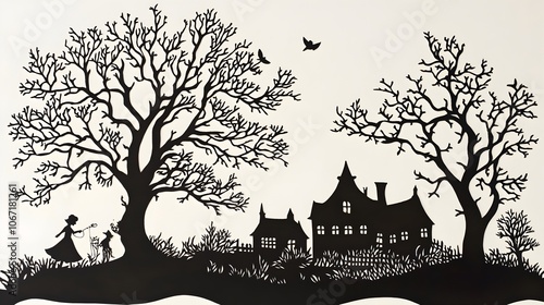 Papercut Silhouettes Adorn a Cozy Cottage Landscape with Whimsical Designs