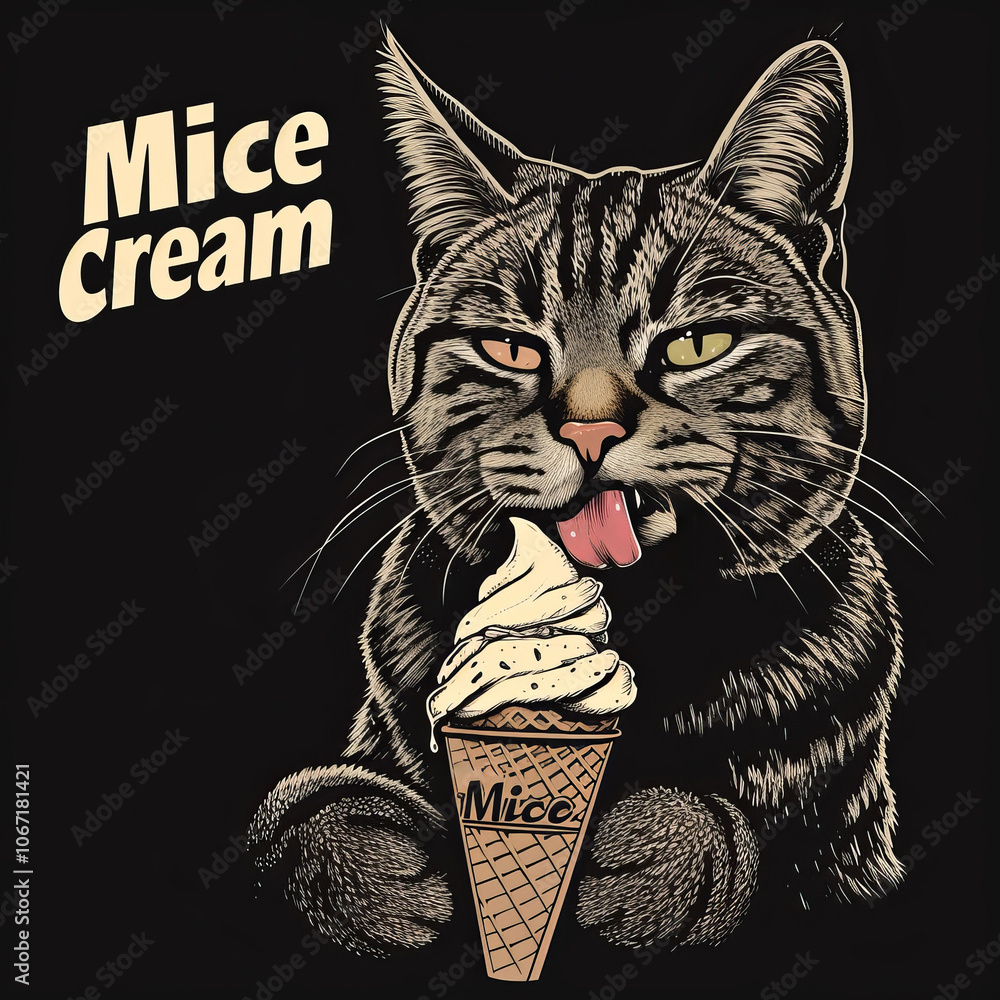 Fototapeta Humorous cat with a skeptical face licking a Mice Cream cone illustration
