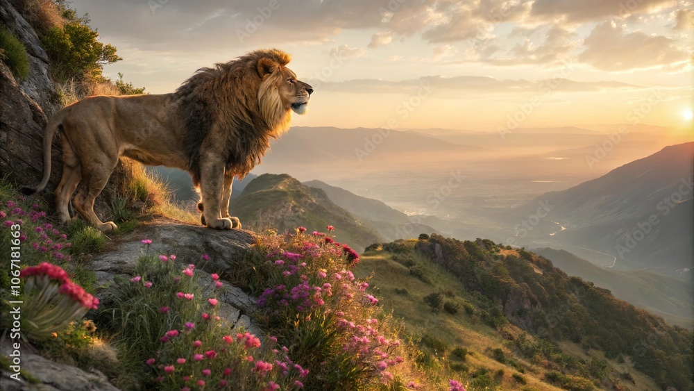 Majestic Lion on Cliff Overlooking Vast Valley Majestic Lion on Cliff Overlooking Vast Valley