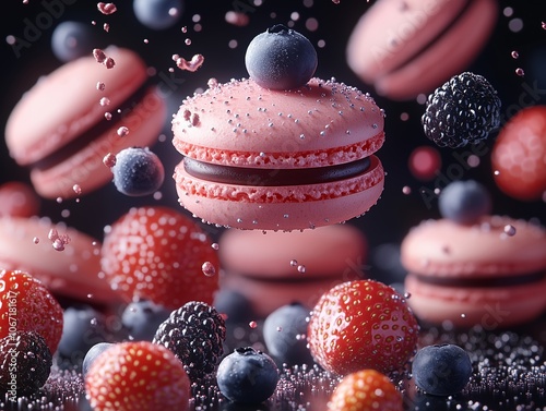 professional photography of a lot of macarons, strawberries, blueberries, blackberries flying in the cosmos, sparkl stars, dream like photo