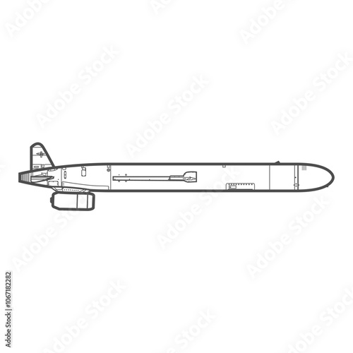 Cruise missile, strategic and tactical missile, rocket side view icon.
