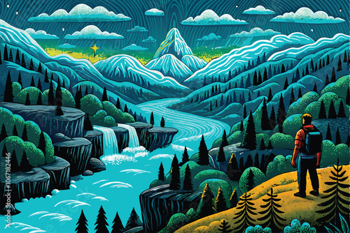 A vibrant vector illustration depicting a majestic mountain range with rugged cliffs and a sense of adventure.