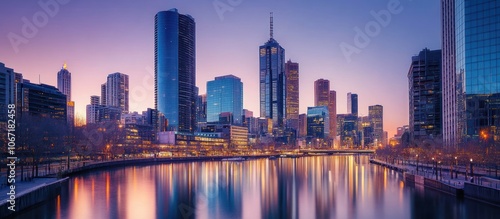 Cityscape with modern glass buildings, apartments, and a river reflecting the skyline, twilight,