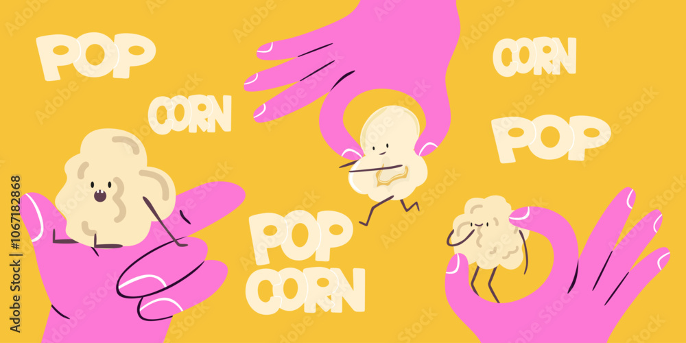 Popcorn retro yellow background. Pink hand drawn hands holding popcorn. Cute funny kawaii pop corn characters. Vector icon set of cinema food. Cinematograph entertainment poster Popcorn retro yellow background. Pink hand drawn hands holding popcorn. Cute funny kawaii pop corn characters. Vector icon set of cinema food. Cinematograph entertainment poster