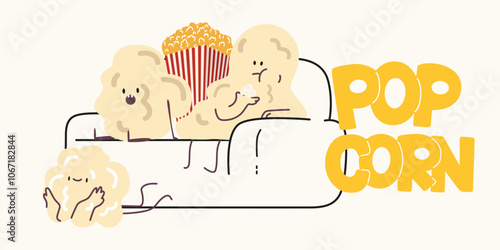 Popcorn background. Cute funny kawaii pop corn characters. Different face emotions. Vector icon set of cinema food. Cinematograph entertainment poster. Watching a movie with popcorn